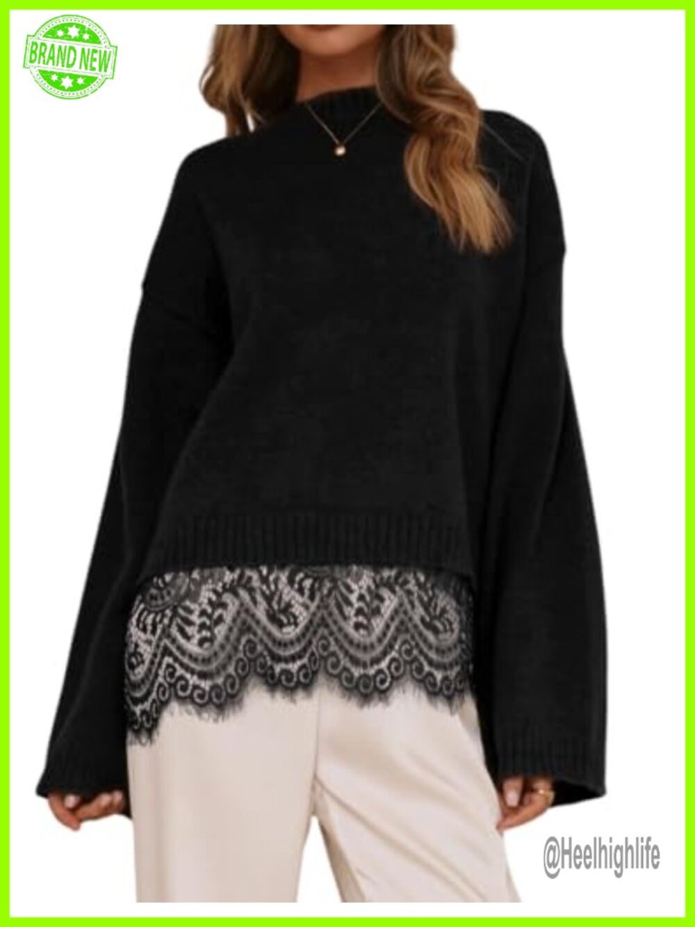 Lace Trim Oversized Knit Pullover Sweater with Wide Long Sleeves